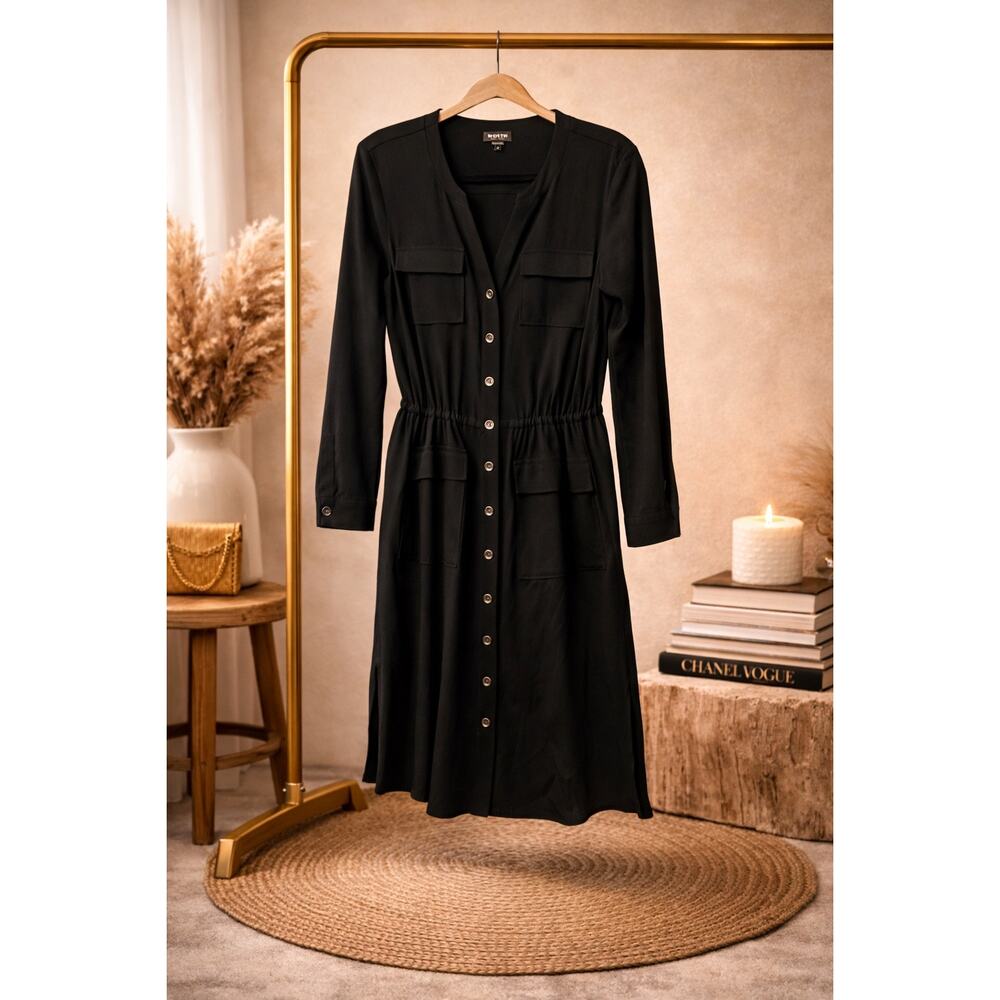 Worth Black Shirt Dress Small Button Front V Neck Adjustable Waist Career Office